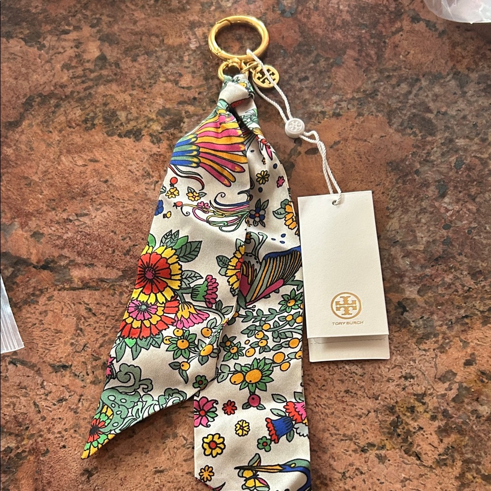Tory Burch Floral Silk Scarf Keychain - Gold and Multicolor